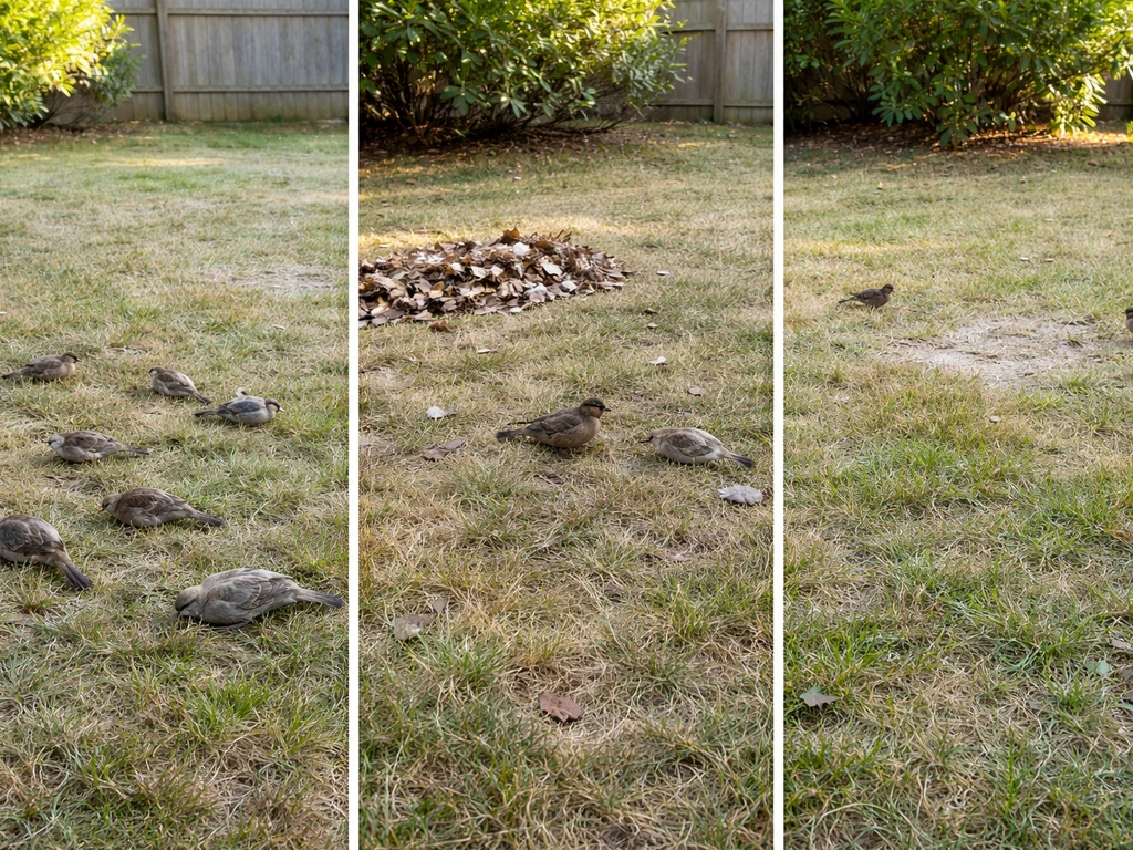 Minimal backyard scene with multiple birds down, one with scattered feathers, and a distant irregular spill area.