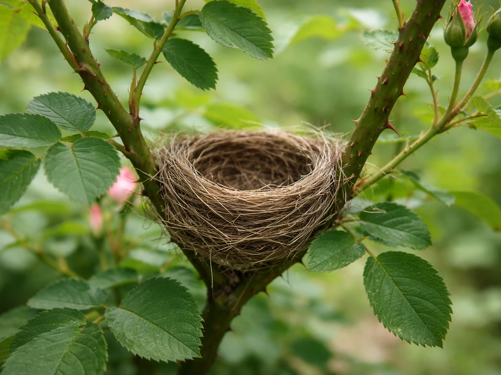 Small songbird nest resting in a healthy rose bush branch in natural daylight.