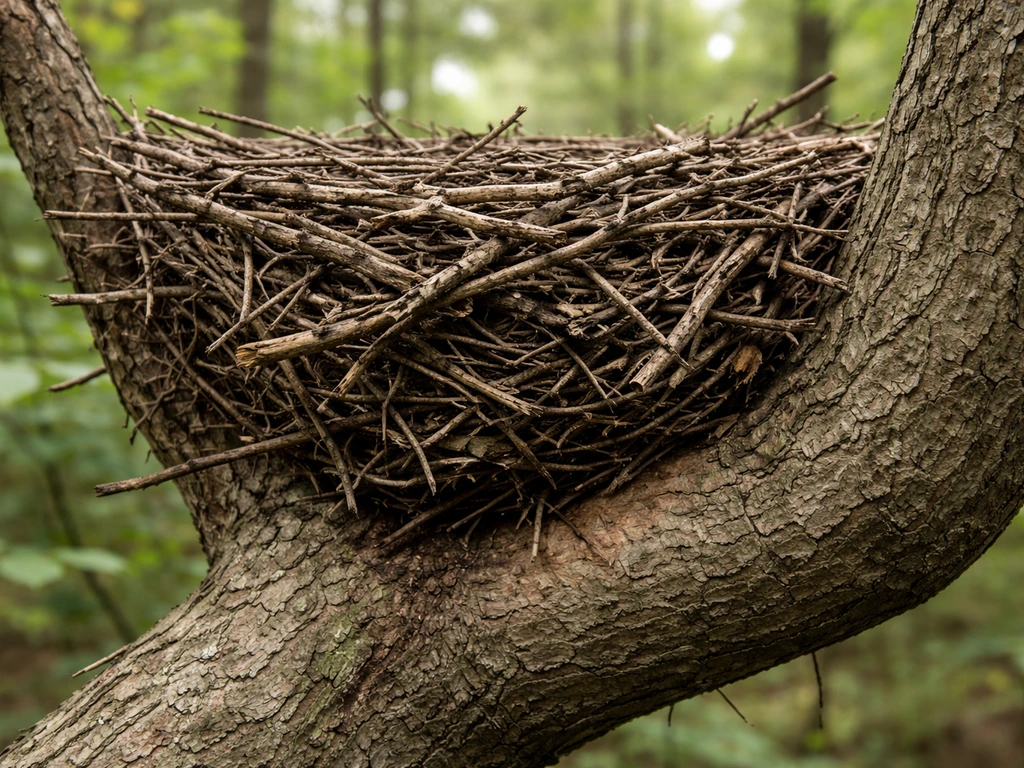 Close-up of a heavy raptor or corvid nest pressing into a tree branch, showing mechanical pressure.