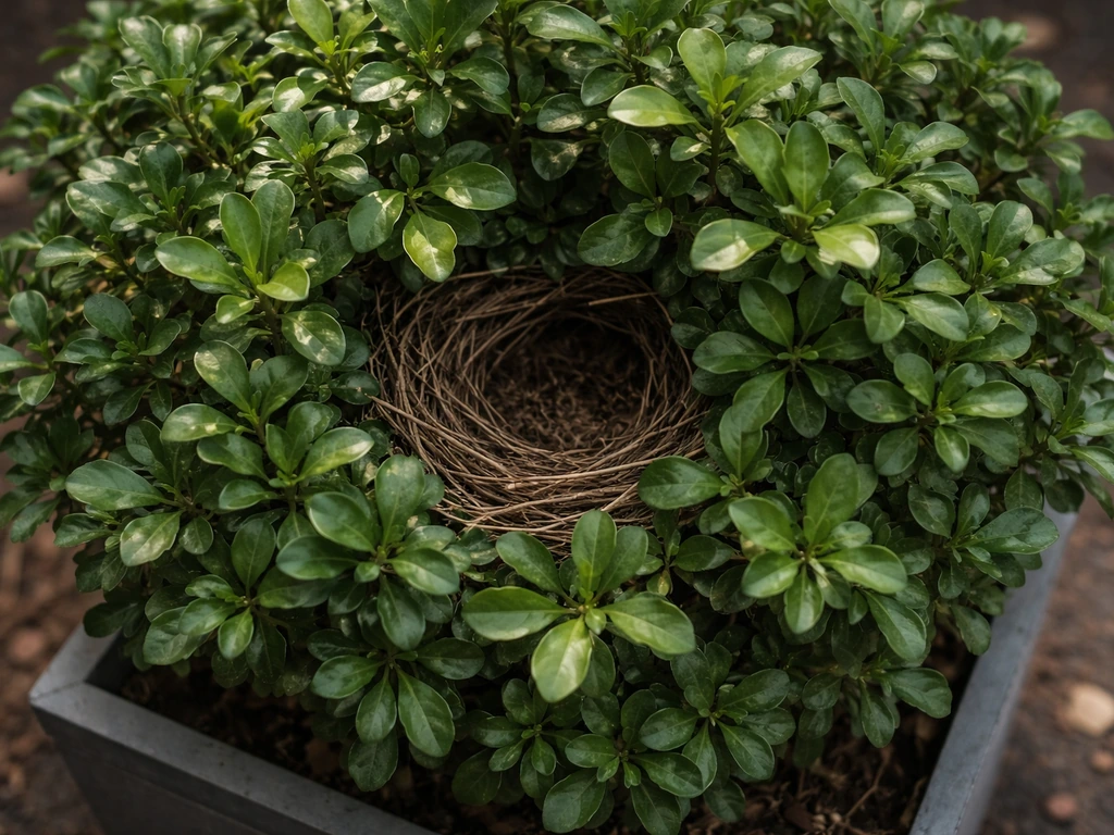Top-down view of a bird nest wedged in dense shrub foliage, with light and airflow obstructed.