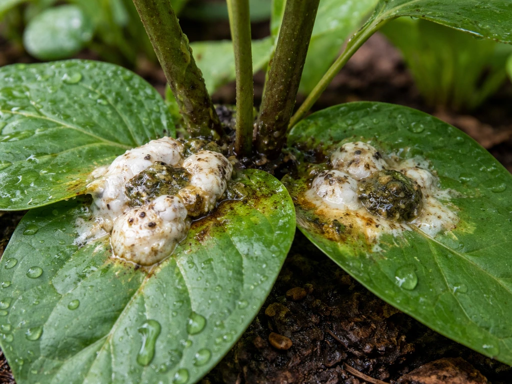 Close-up of bird droppings on leaves near a plant base, with signs of leaf burn and moisture risk.