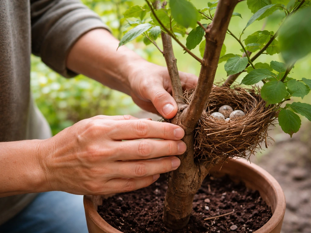 Gardener’s hands gently inspecting a plant branch for sagging or cracks beside a small nest.