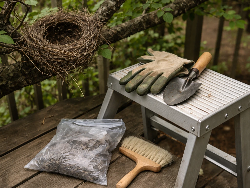 Gloved hands’ tools and a sealed bag beside an abandoned bird nest on a tree branch.