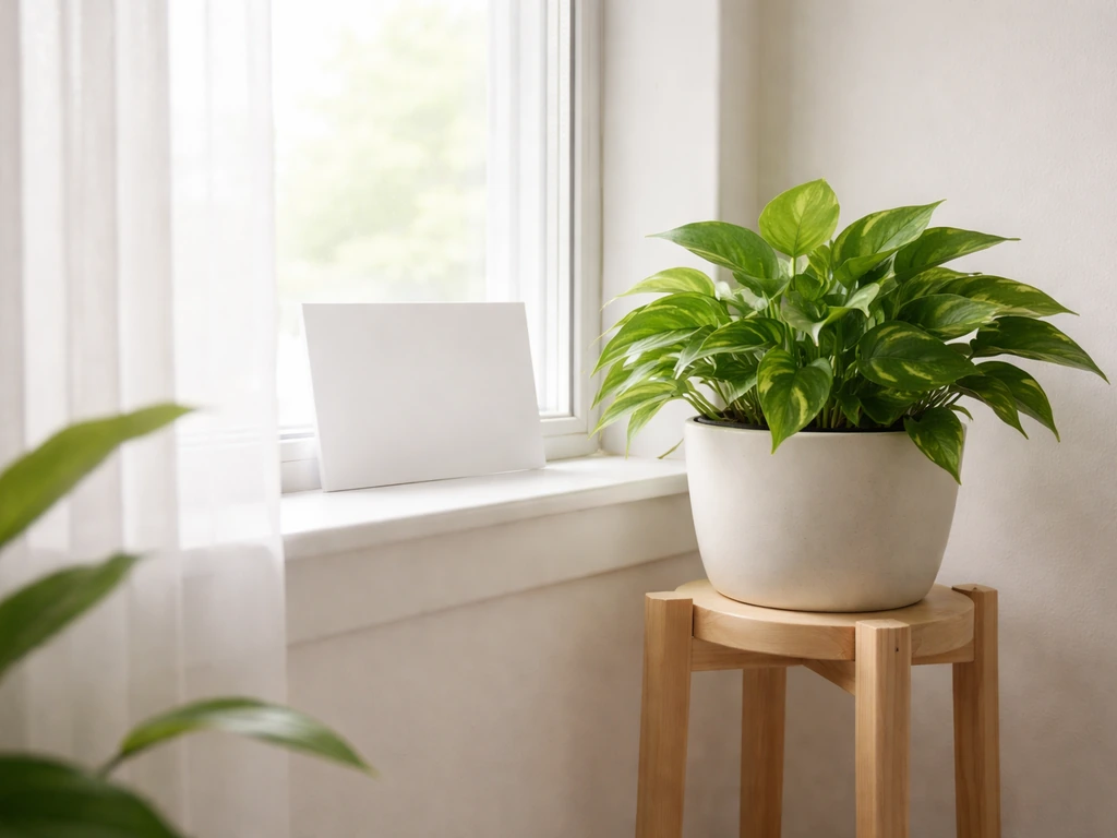 Pothos near a bright window with a plain white card indicating the bright indirect light area.