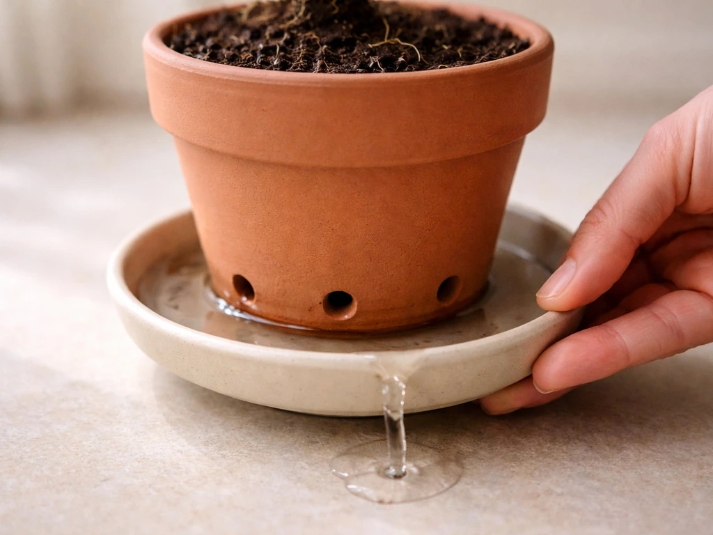 Close-up of a potted plant as a person empties a saucer to prevent waterlogged soil.