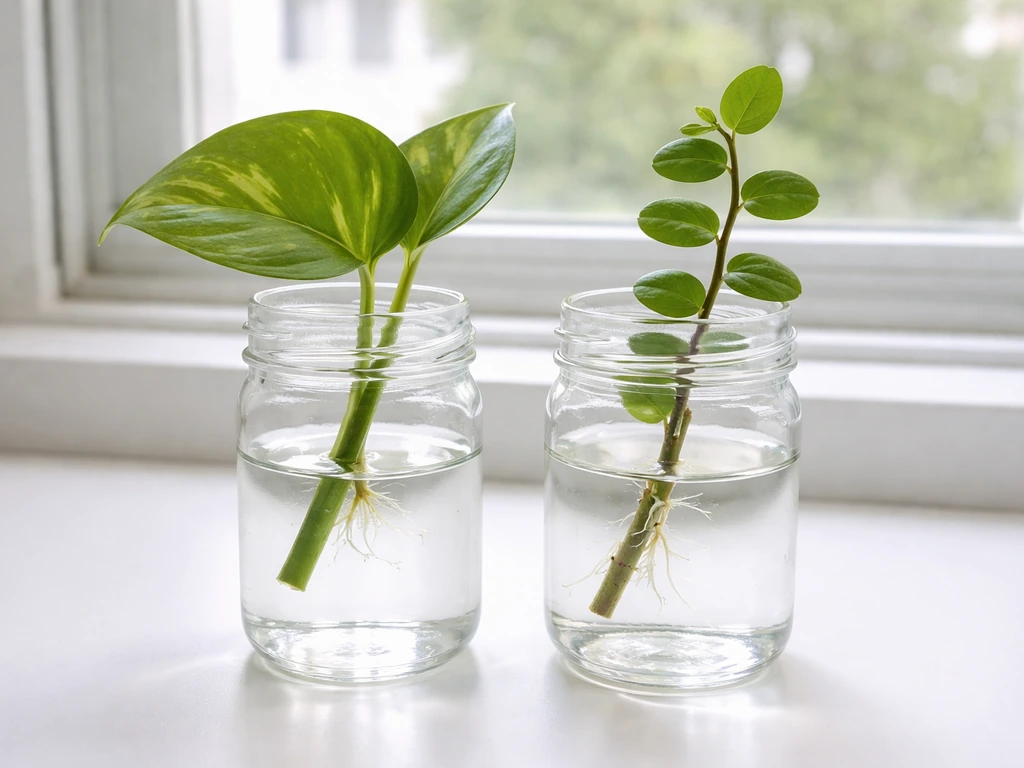 Pothos and creeping fig cuttings with visible nodes rooting in clear water jars on a bright windowsill.