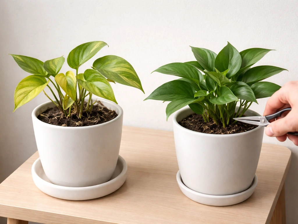 Side-by-side indoor plants showing yellow leaves on one and a pruned, greener plant on the other.