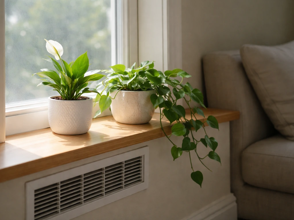 Peace lily and pothos on a windowsill near a living room vent, suggesting limited air-cleaning impact.