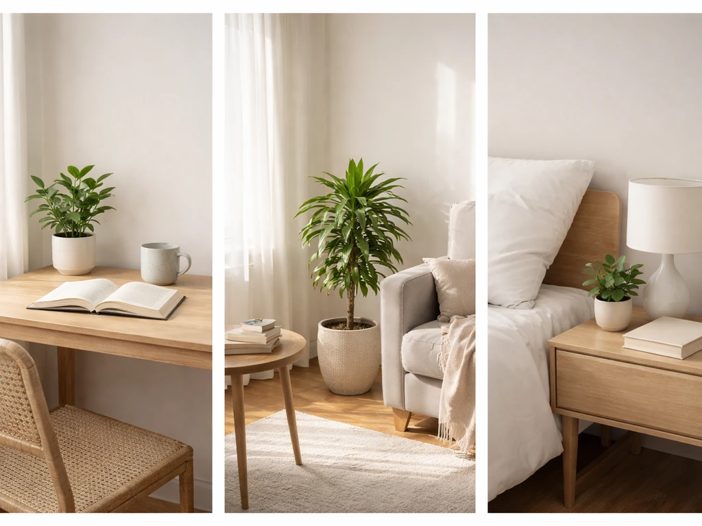 Plants placed at a desk, near a living room sofa, and on a bedroom nightstand in natural light.
