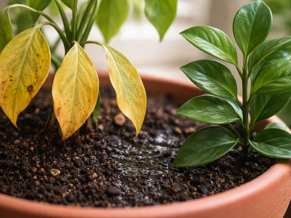 Close-up of yellowing leaves on an indoor plant with damp soil, beside a small healthier green leaf.