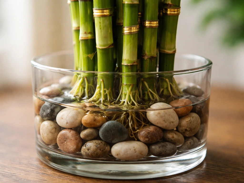 Lucky bamboo stalks upright in a pebble-filled clear container, water covering the roots.