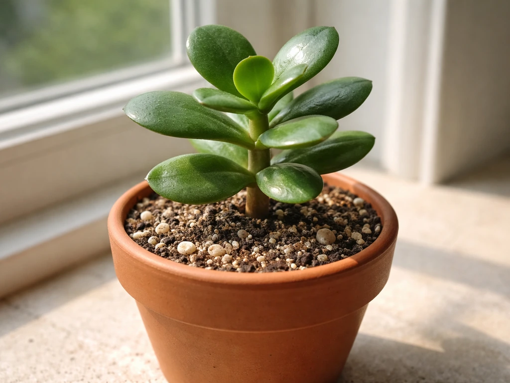 Close-up of a jade plant in gritty dry soil on a bright windowsill, emphasizing succulent leaves.
