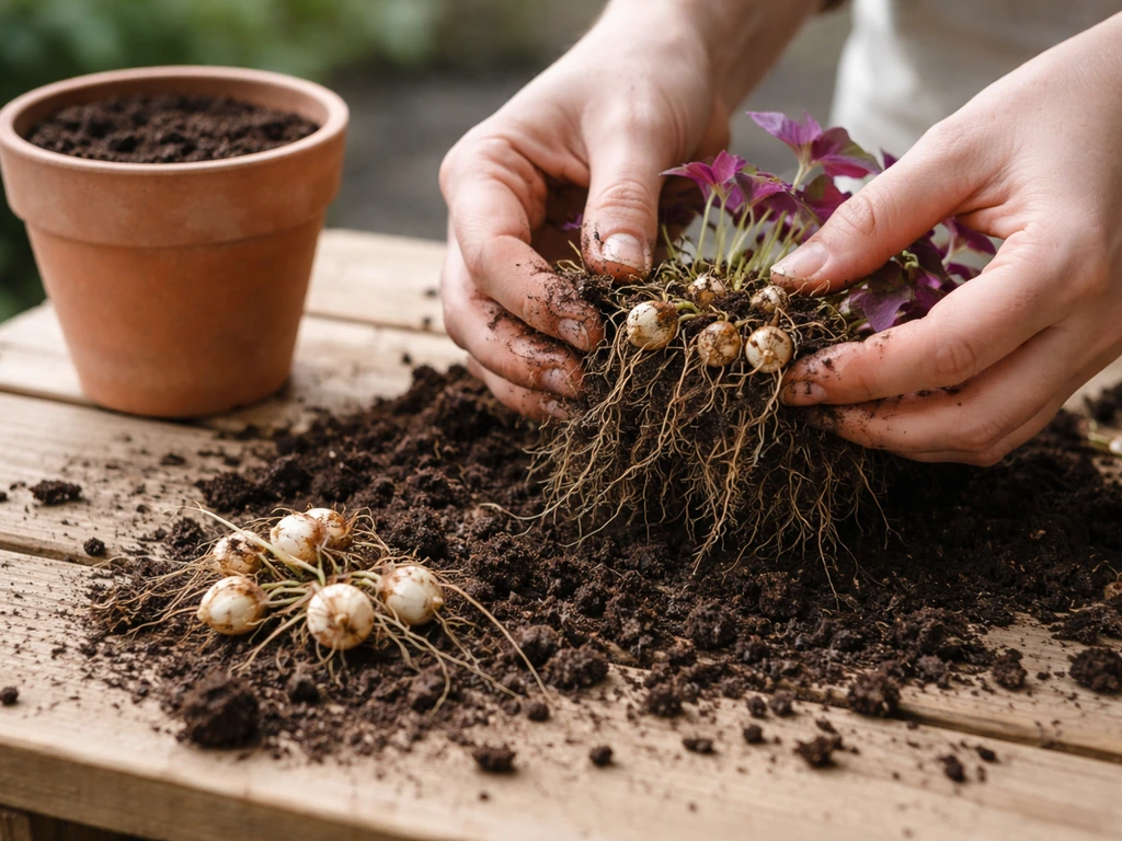 Close-up of oxalis being repotted, with bulbs and rosettes separated on a wooden bench.