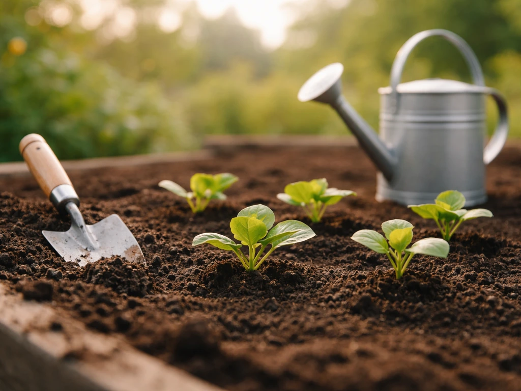 Young green seedlings planted in prepared soil in a small outdoor garden bed under natural daylight.