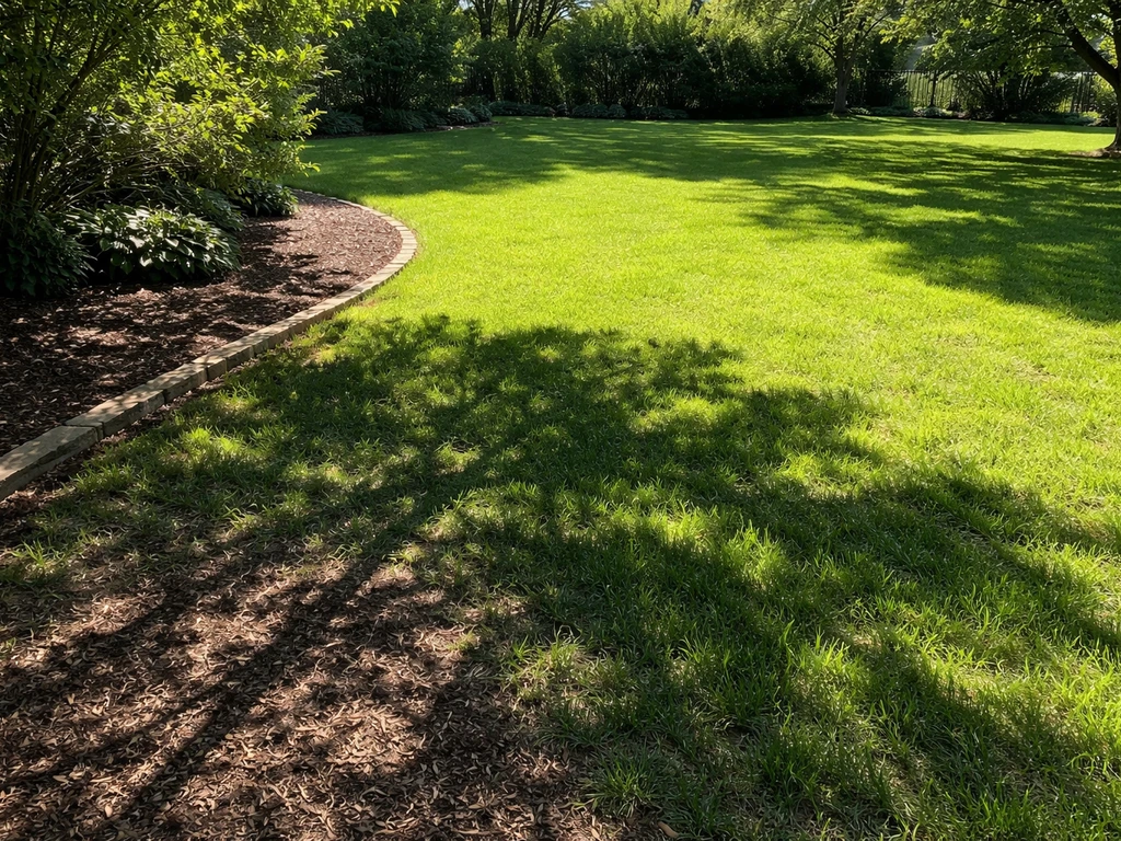 Yard ground with clear bright sunlight and sharp tree-shadow shade zones in a simple garden area