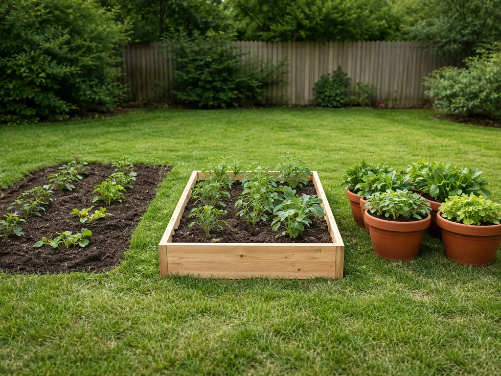 Three garden growing options side-by-side: in-ground bed, raised bed, and planter containers.