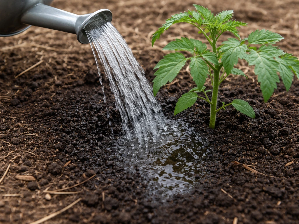 Watering can pouring water into dark soil at a plant’s base, leaves kept dry.