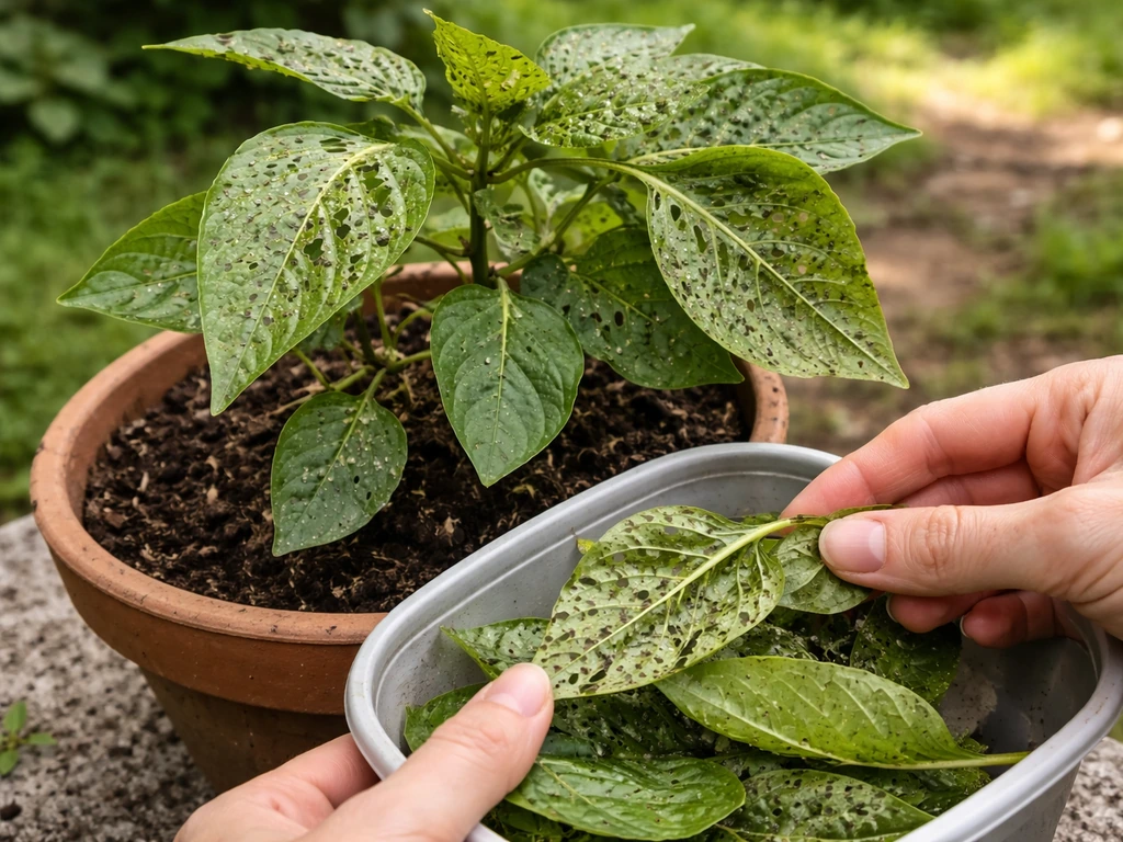 Gardener removes damaged leaves from a potted plant after noticing pests on leaf undersides.