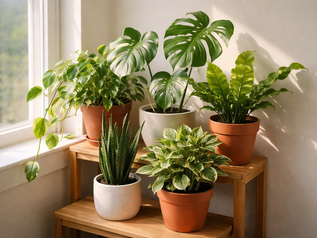 Lush indoor houseplants under soft natural light in a simple home corner