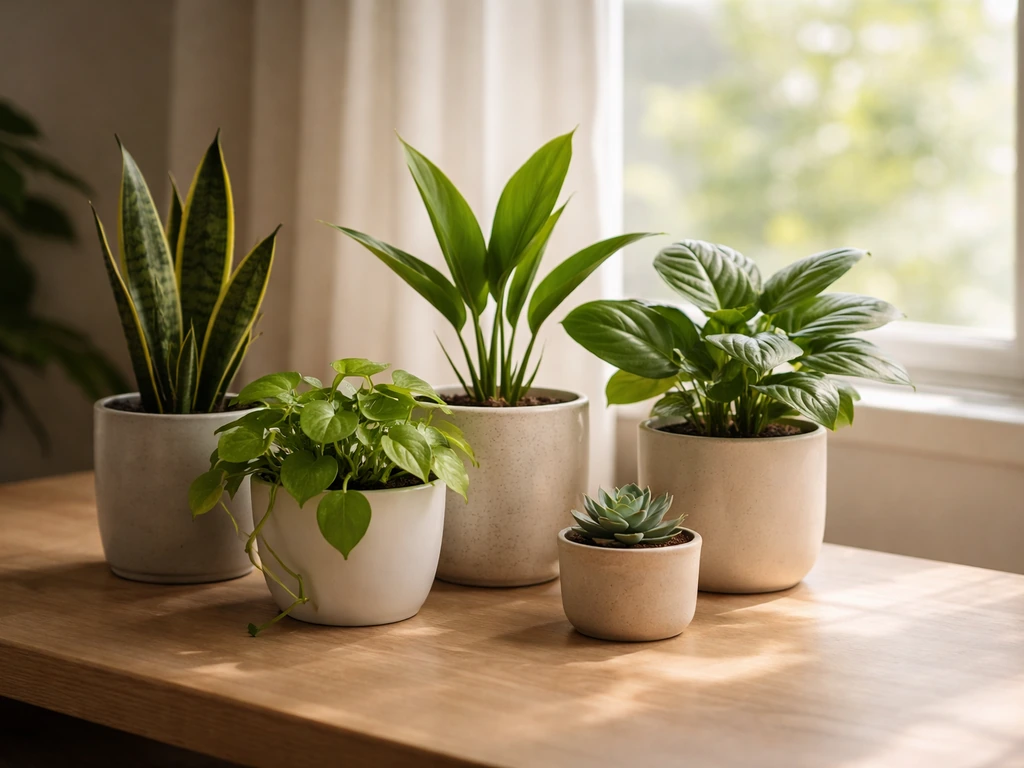 Small set of potted plants on a windowsill, showing a mix of low-light and brighter spot choices