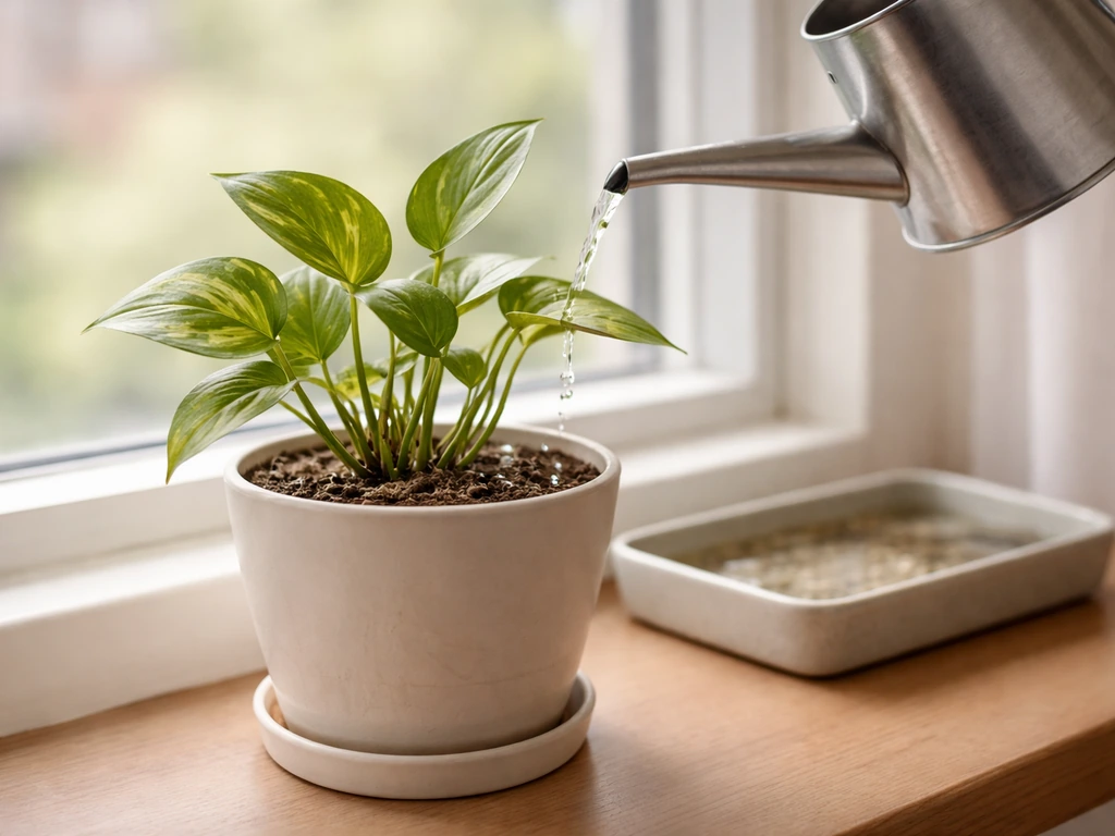 A watering can drips onto dry soil in a houseplant pot, with a humidity tray nearby