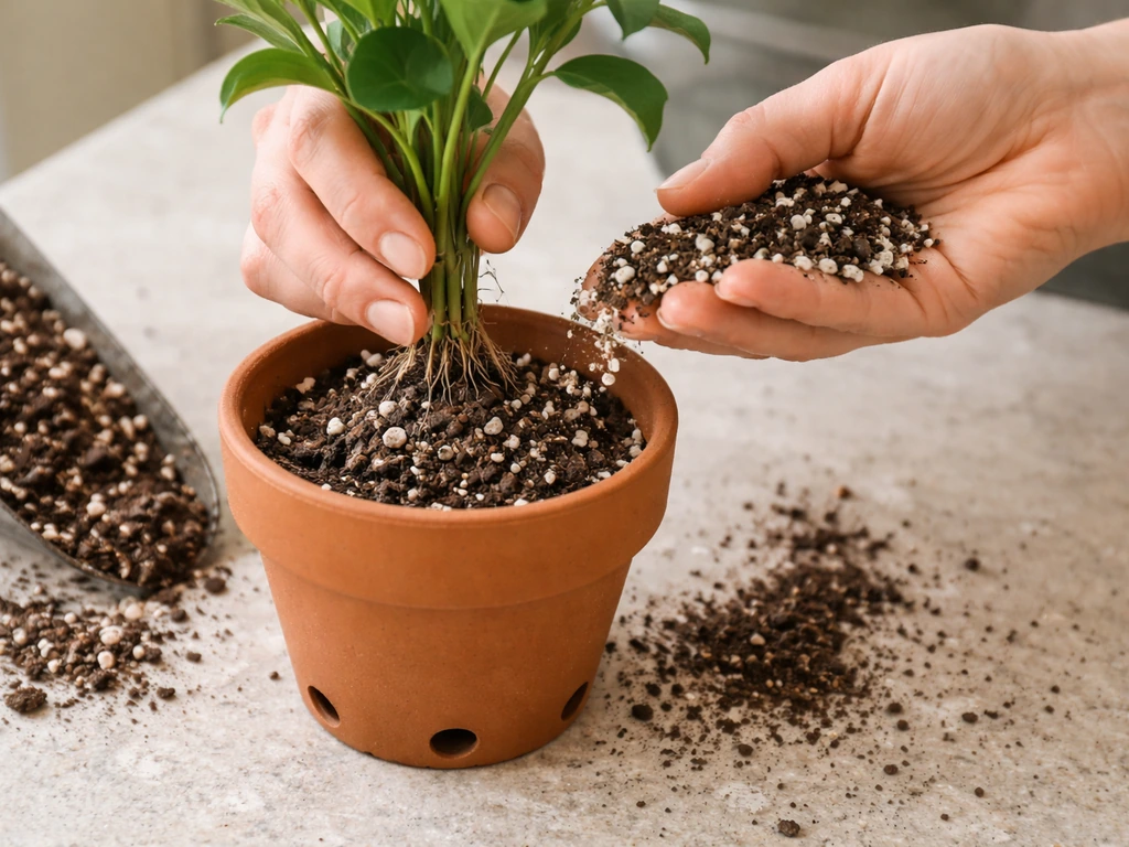 Hand potting a plant into a well-draining potting mix, showing drainage holes and perlite in the mix.
