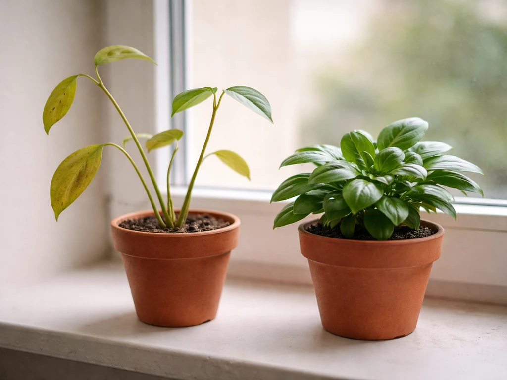 Side-by-side potted plants: one leggy and stretched toward the window, the other compact and healthy.