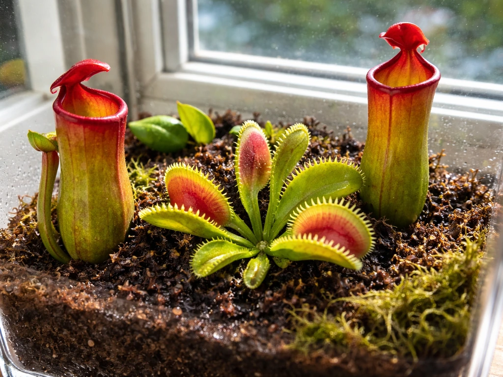 Venus flytrap and pitcher plants thriving on a windowsill under bright light.