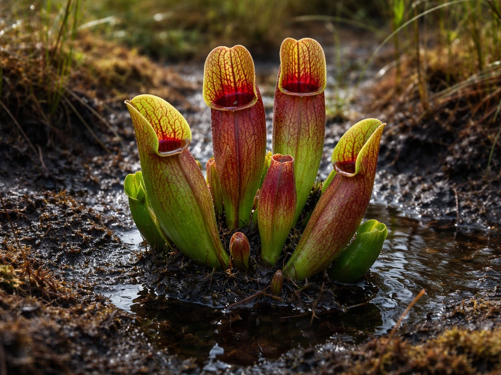 Sunlit bog with waterlogged soil and a few pitcher plants catching insects