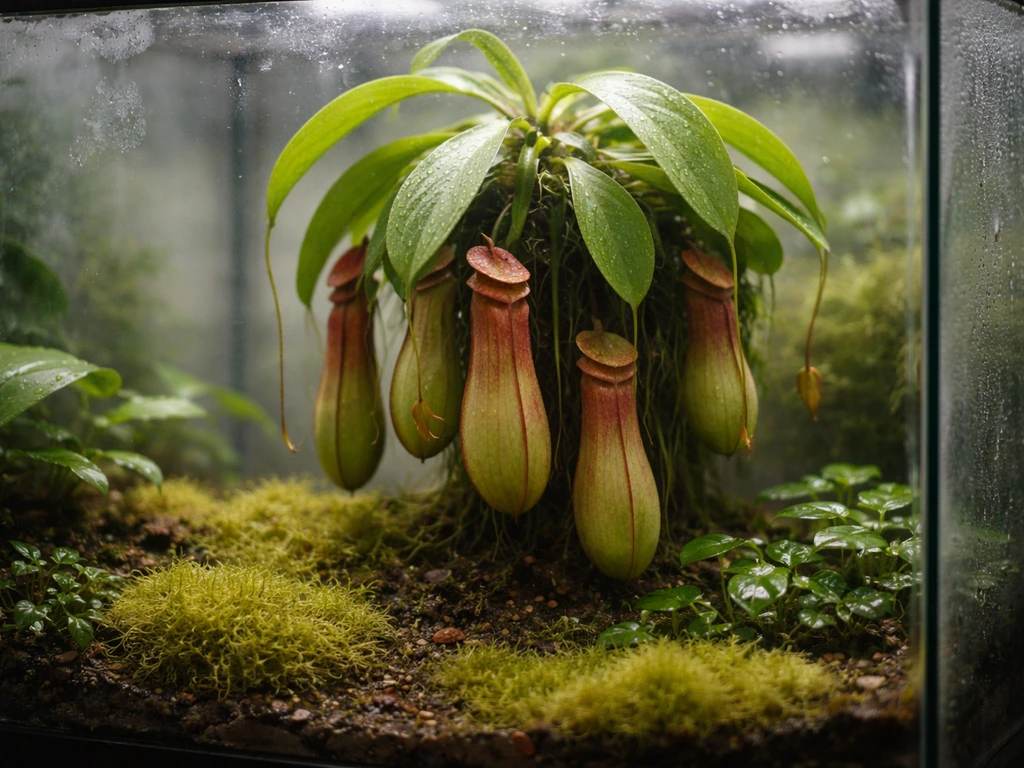 Humid glass terrarium with moss and misty Nepenthes pitchers hanging among tropical leaves.