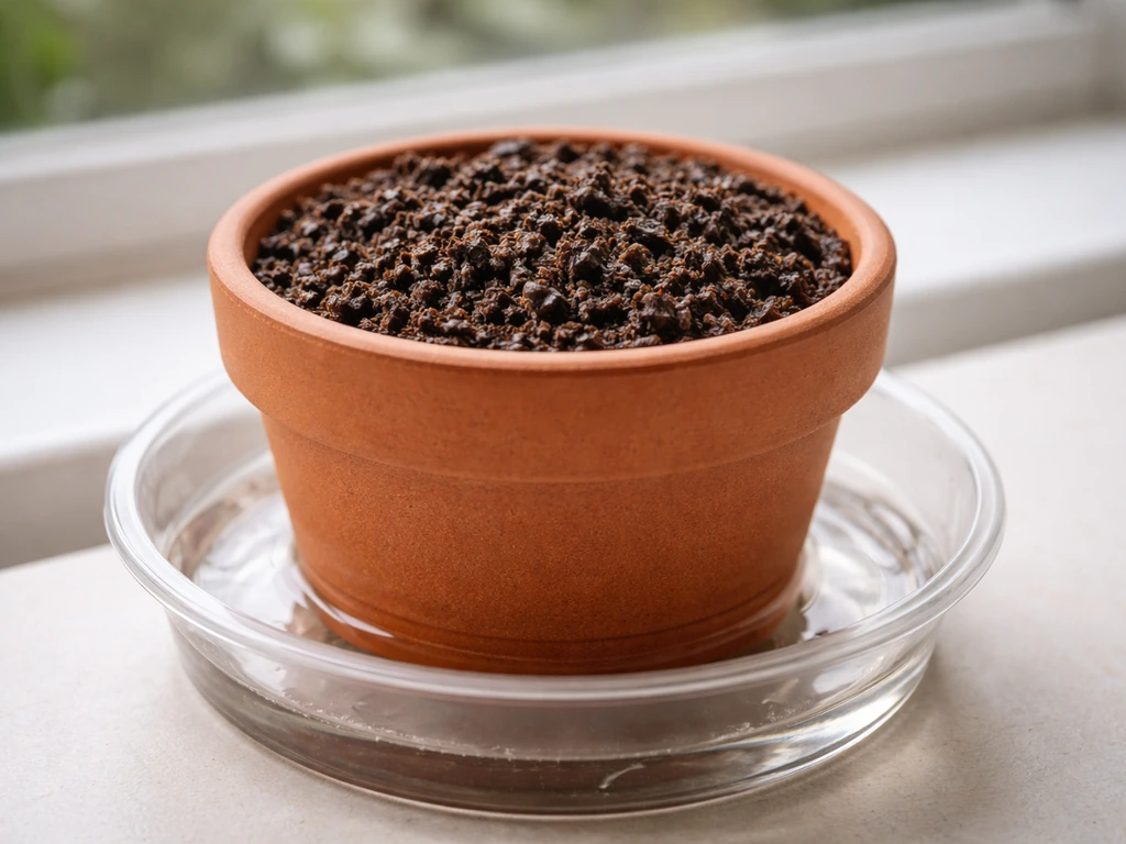 Close-up of an acidic carnivorous-plant pot with low-nutrient medium and a visible water tray below