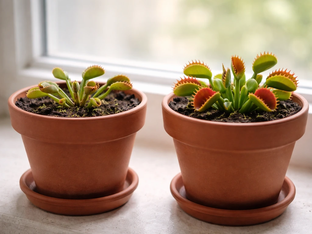 Venus flytrap with small, slightly open traps beside a brighter, healthier-looking plant