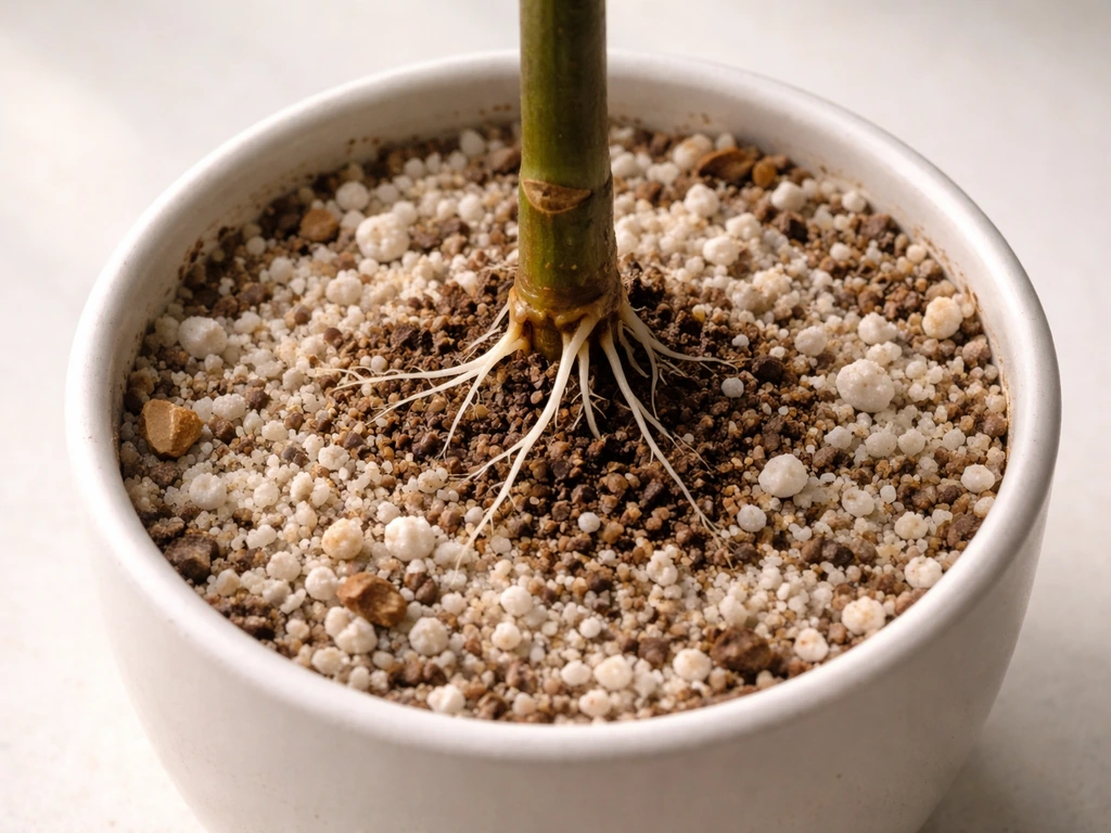 Overhead view of a root cutting in sterile potting mix showing new tiny roots forming.