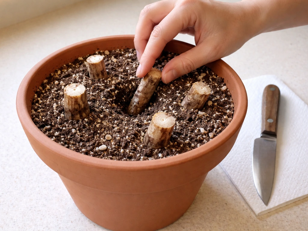 Fresh root pieces being placed into a pot of sterile potting mix on a clean counter.