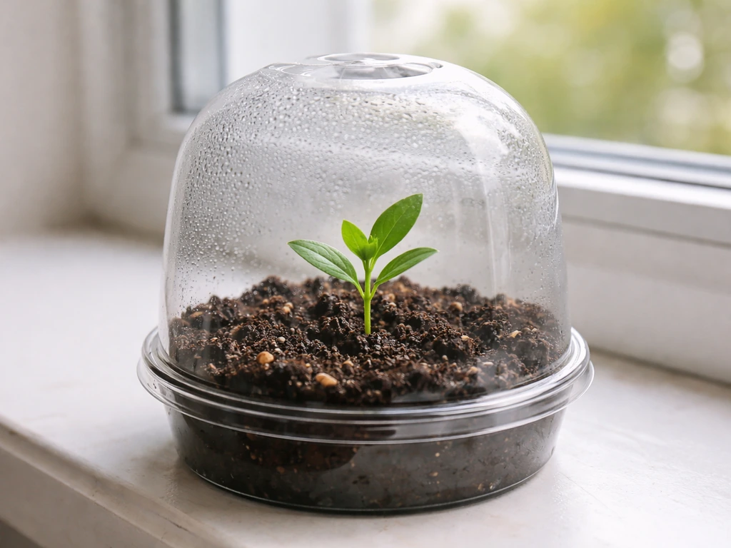 New plant division in a small clear humidity dome on a sunny windowsill with visible condensation.