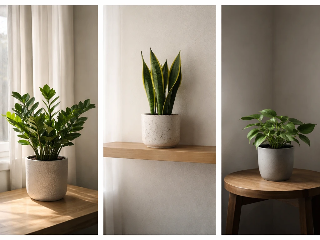 Houseplants placed in bright, medium, and dim spots beside a window and on a shelf