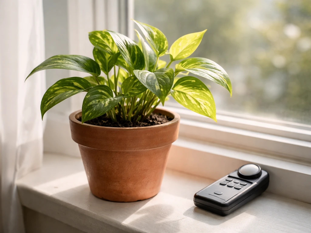 Houseplant near a window with soft light, using a small rotating pot to adjust placement.
