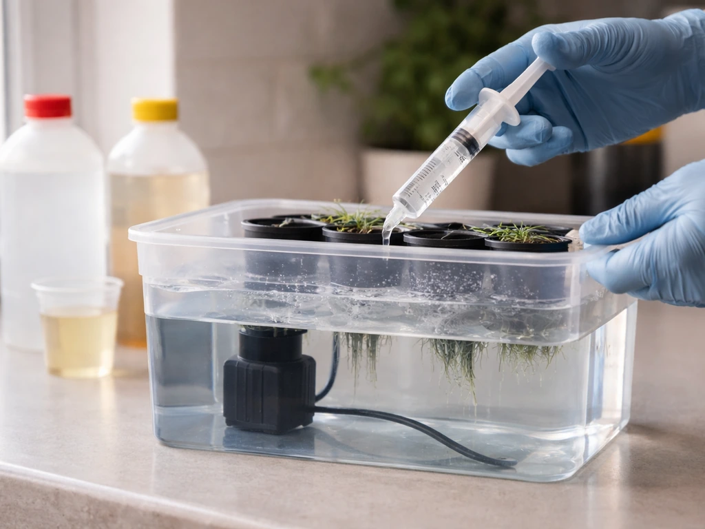 Hands mixing hydroponic nutrient solution in a reservoir with bottles and a syringe