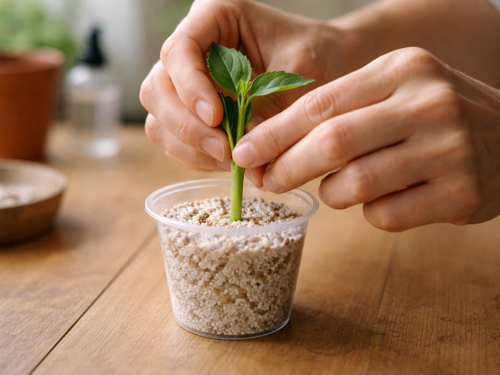 Close-up of hands placing a green stem cutting into a small rooting medium cup on a wooden table.