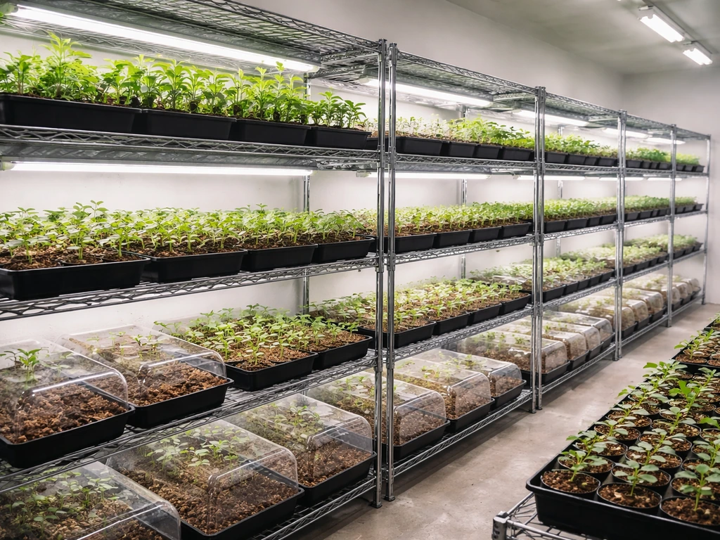 Indoor plant grow room with tiered shelves, grow lights, and many pots at different stages