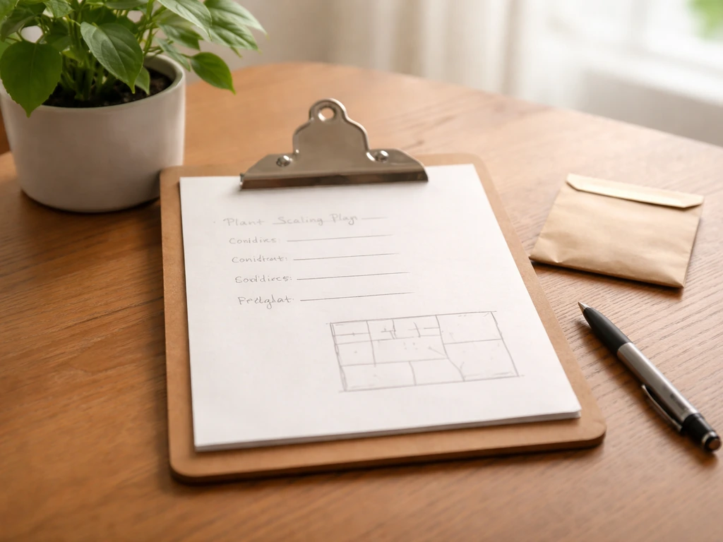 Open clipboard on a table with a simple plant plan, pen, a small seed packet, and a potted plant.