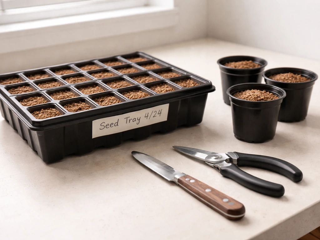 Seed-starting tray, small cutting pots, and sterilized scissors and knife on a propagation workbench.