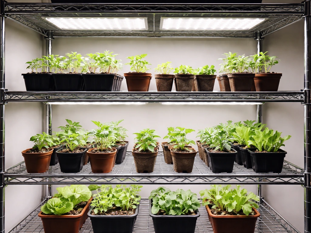 Tiered indoor grow shelf with overhead LED panels and spaced potted seedlings on multiple levels.