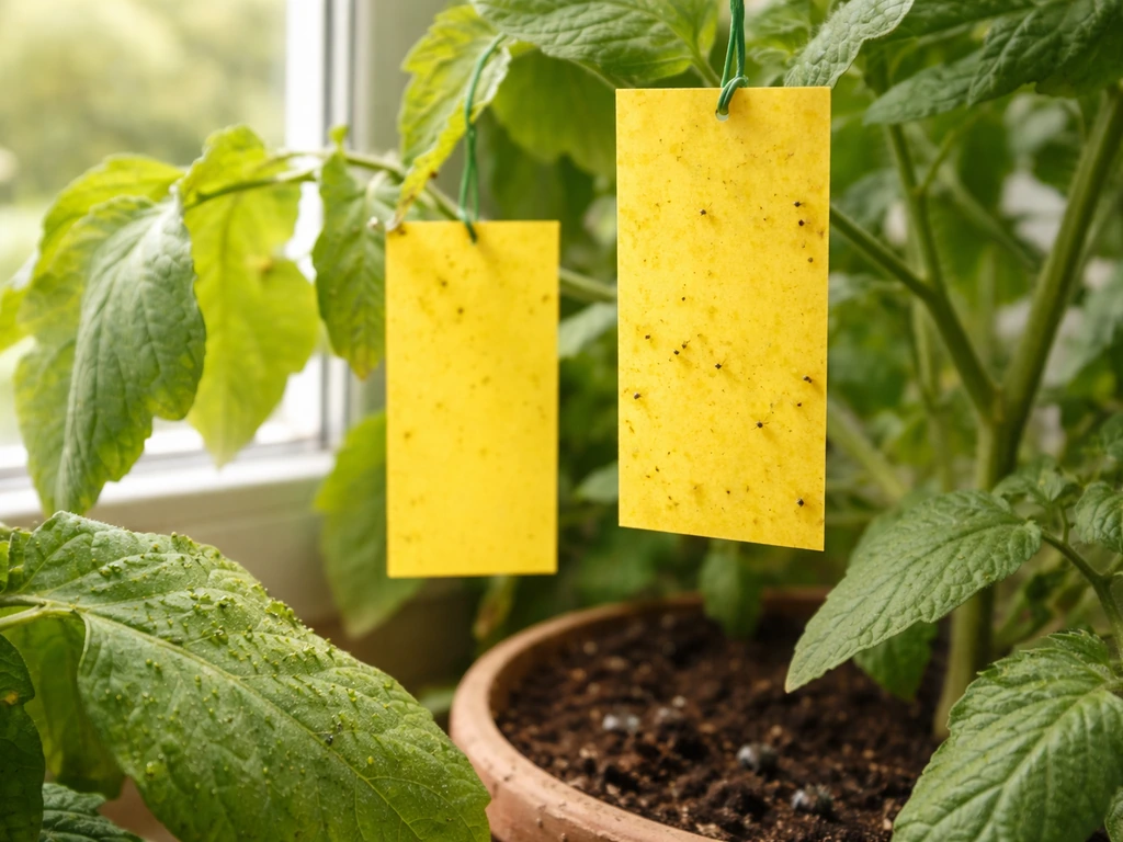 Yellow sticky glue traps hanging among houseplants with tiny aphids and fungus gnats near leaves/soil.