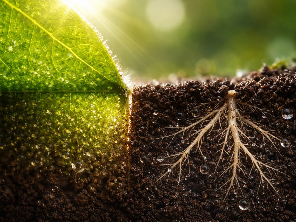 Macro cross-section of a leaf catching light and roots absorbing water in soil, minimal realistic scene.