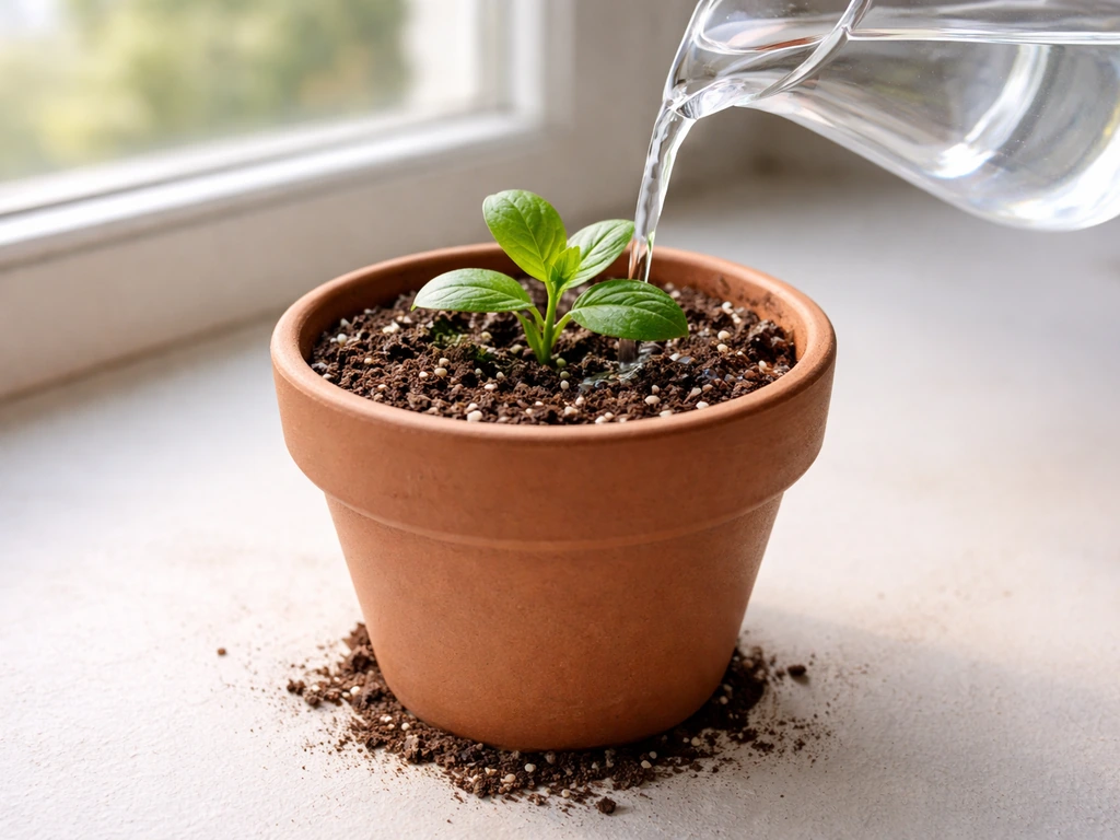 Small pot with quality potting mix as a plant is planted and gently watered on a windowsill.