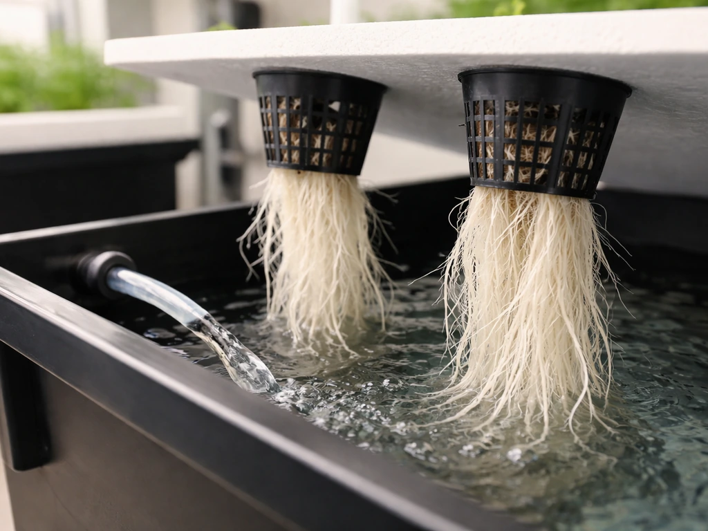 Hydroponic system with net pots and visible white roots hanging over a nutrient tank with flowing water tubing