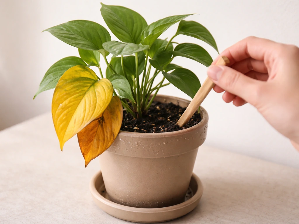 Close-up of a potted plant with yellowing lower leaves and slightly moist soil near the pot for quick troubleshooting