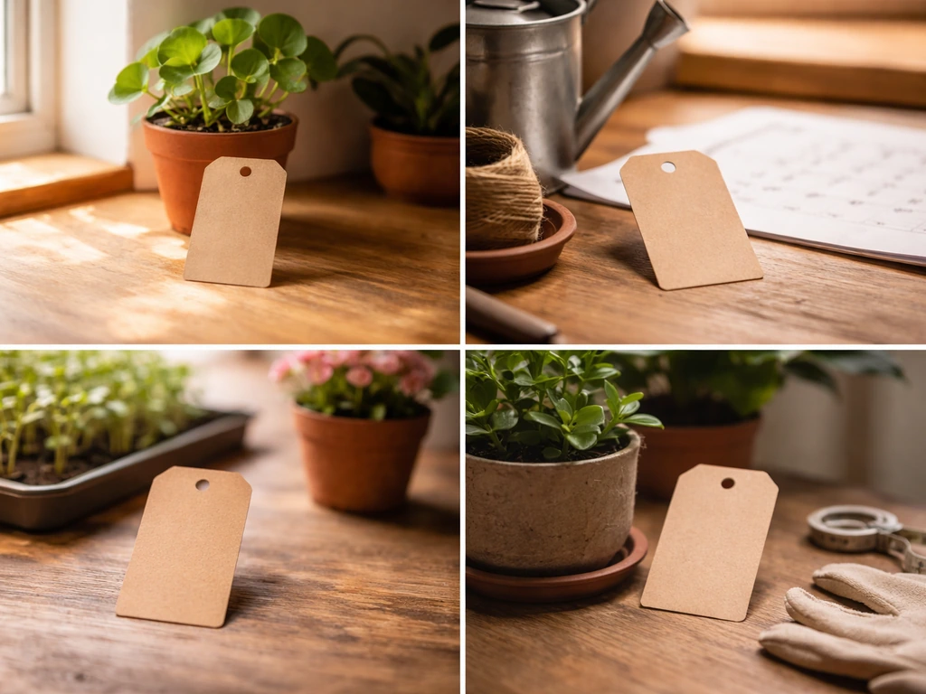 Minimal checklist of four starter-plant factors beside bright and low-light potted plants on a wooden table.