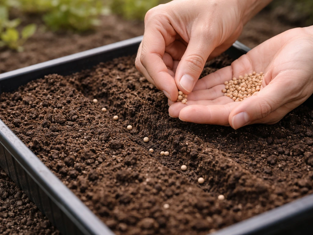 Hands sowing radish seeds in a small outdoor container with evenly spaced gaps and light soil cover